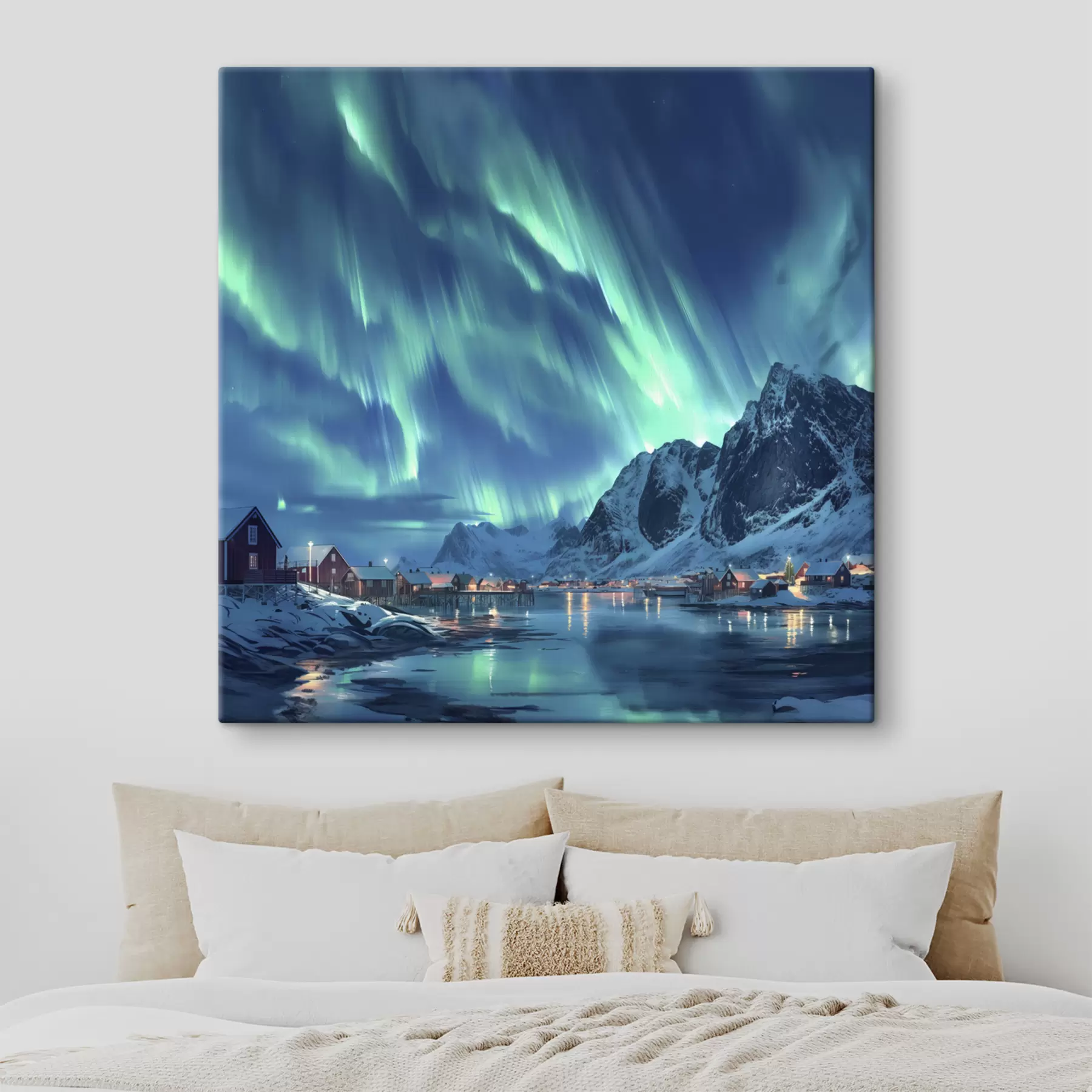 Fotobehang Noorwegen winterdorp, noorderlicht, nachtelijke hemel s40300