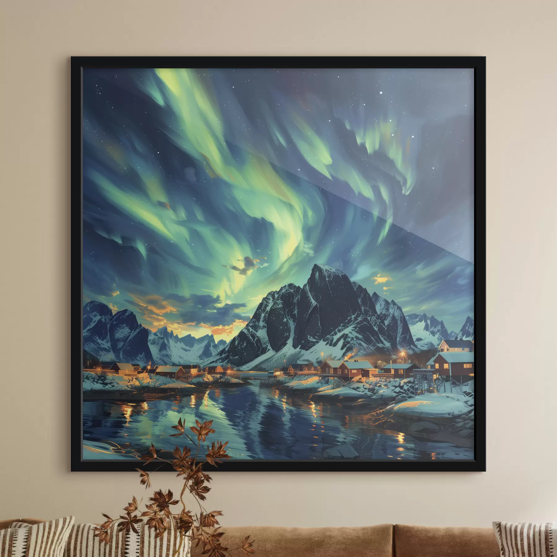 Fotobehang Lofoten eilanden, Noorderlicht, winterdorp f40299