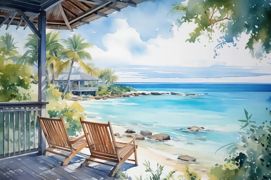 Fotobehang Stoelen op het terras van een villa aan zee aquarel w01055