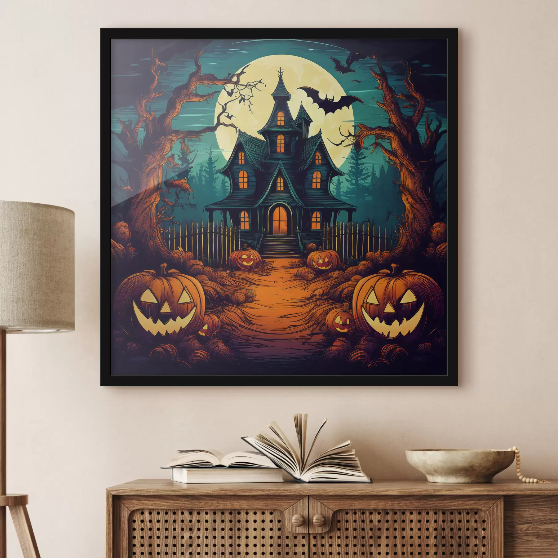  Schilderijen Halloween, kasteel in het bos, horror, vleermuizen f40715