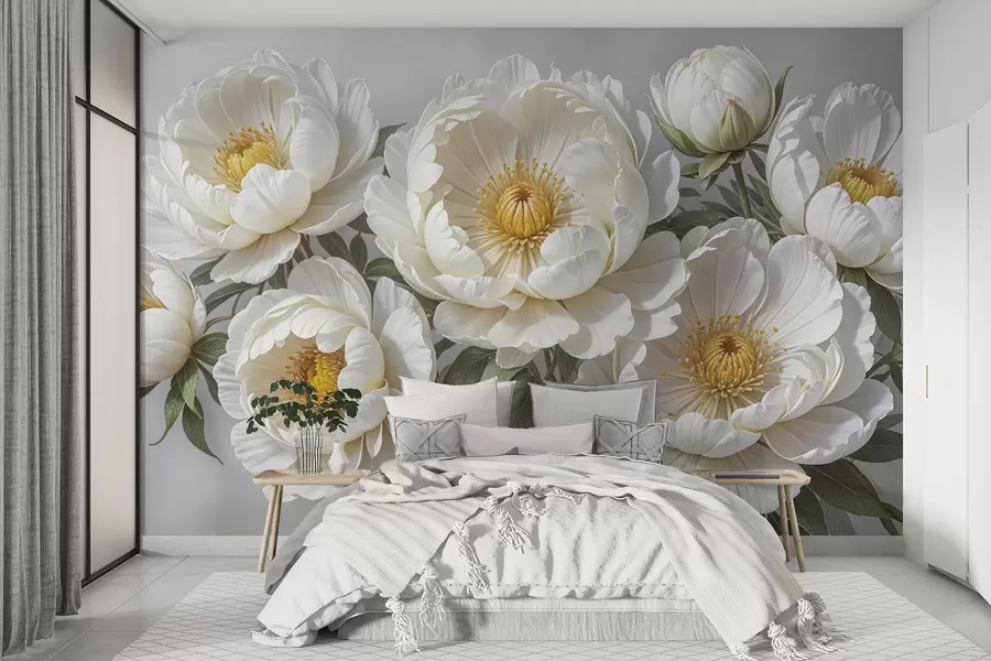 Fotobehang Wit volumineus schilderij van pioenrozen met gele harten, omringd door groene bladeren tegen een lichte achtergrond w08249