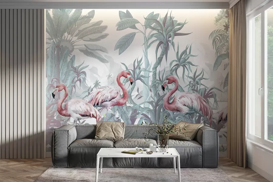 Fotobehang  Roze flamingo's in een weelderig, tropisch bladerdek met grote palmbladeren en bloemen in groen- en wittinten w08250v1
