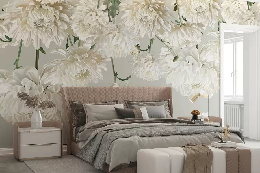 Fotobehang Witte chrysantenbloemen met groene bladeren op een lichtgrijze achtergrond w08251