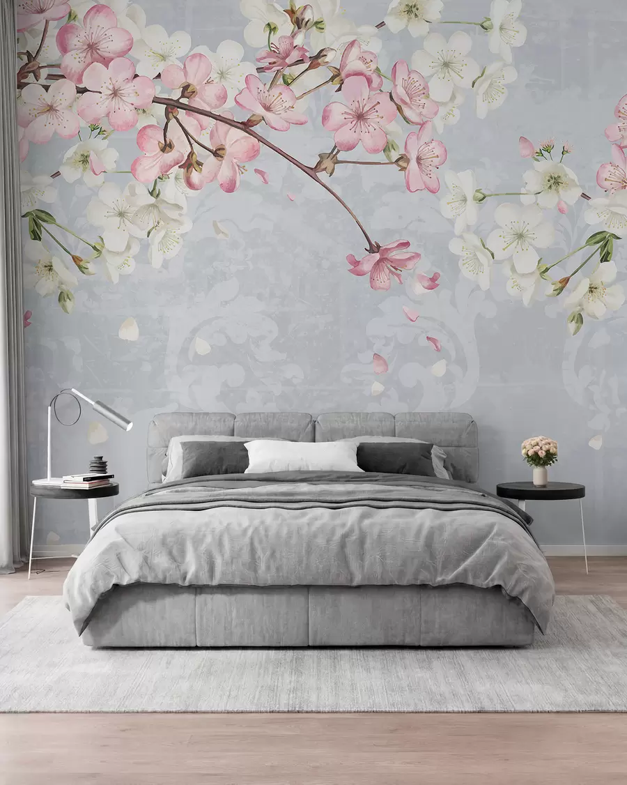Fotobehang Roze en witte kersenbloesembloemen in volle bloei, met zachte bloemblaadjes tegen een blauwe achtergrond met textuur w08254
