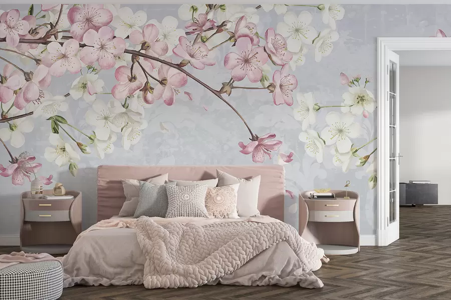 Fotobehang Roze en witte kersenbloesembloemen in volle bloei, met zachte bloemblaadjes tegen een blauwe achtergrond met textuur w08254
