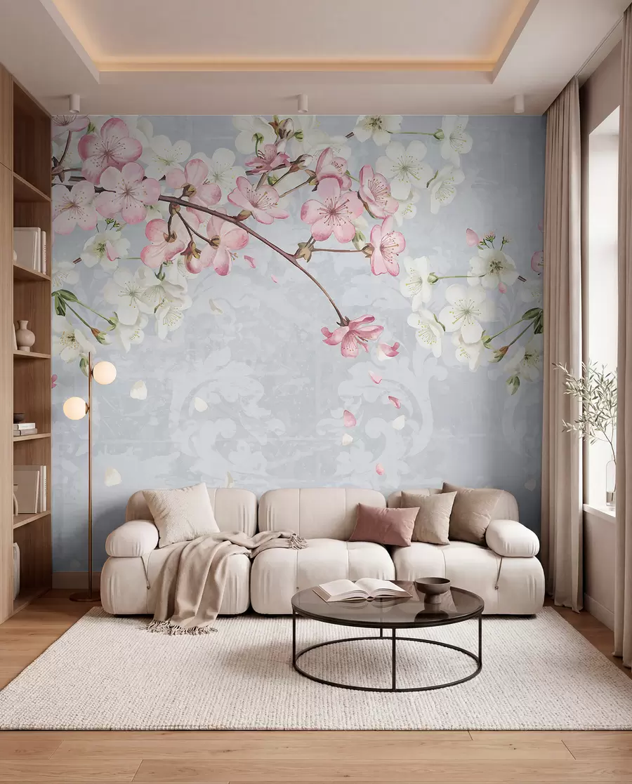 Fotobehang Roze en witte kersenbloesembloemen in volle bloei, met zachte bloemblaadjes tegen een blauwe achtergrond met textuur w08254