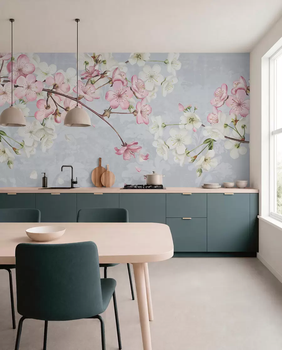 Fotobehang Roze en witte kersenbloesembloemen in volle bloei, met zachte bloemblaadjes tegen een blauwe achtergrond met textuur w08254