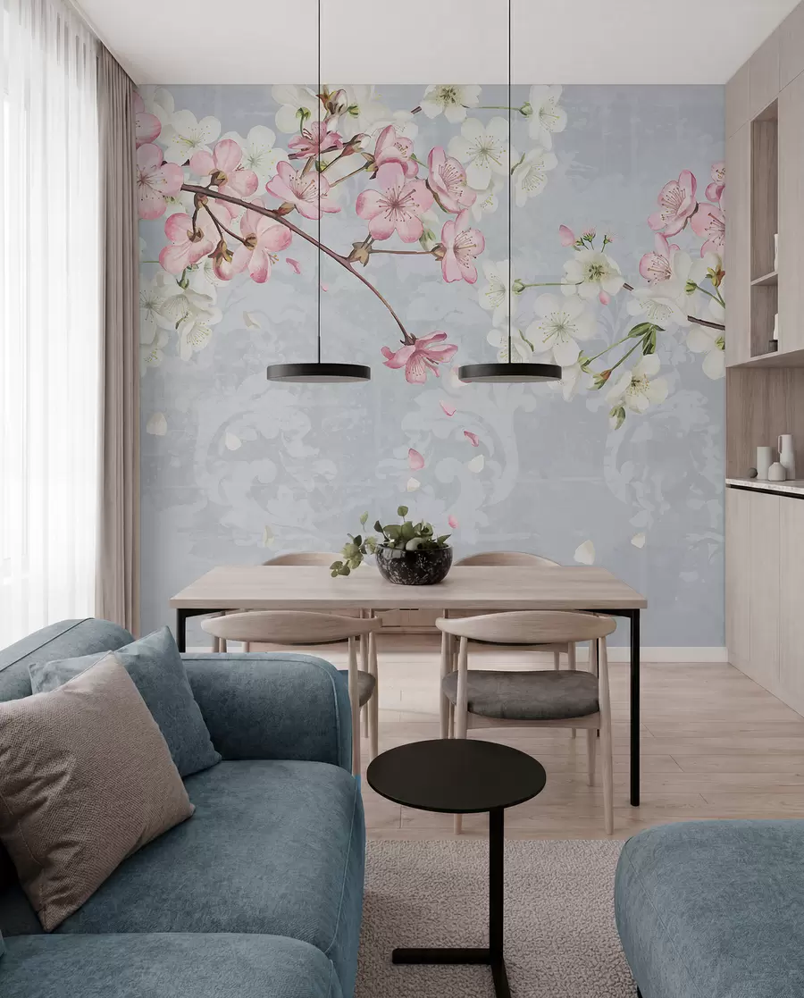 Fotobehang Roze en witte kersenbloesembloemen in volle bloei, met zachte bloemblaadjes tegen een blauwe achtergrond met textuur w08254