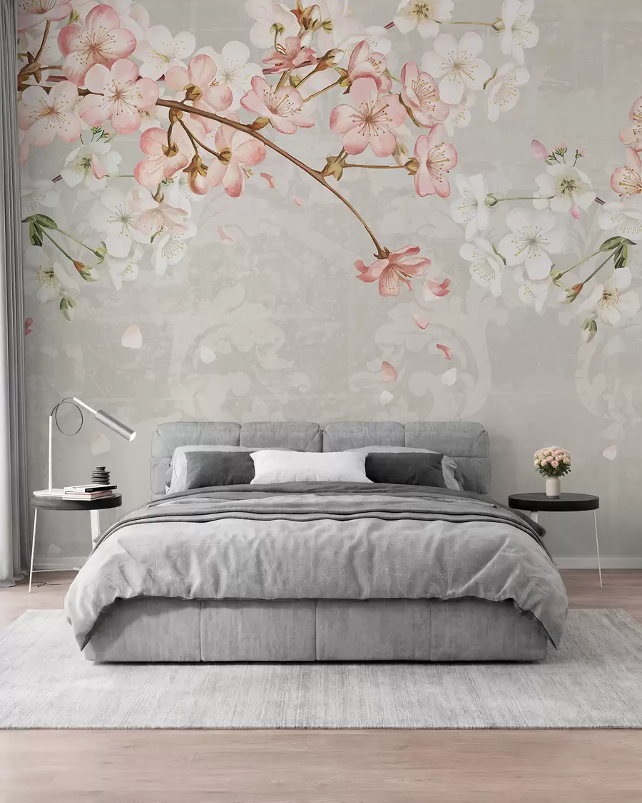 Fotobehang Roze en witte kersenbloesembloemen in volle bloei, met zachte bloemblaadjes tegen een beige achtergrond met textuur w08254v1