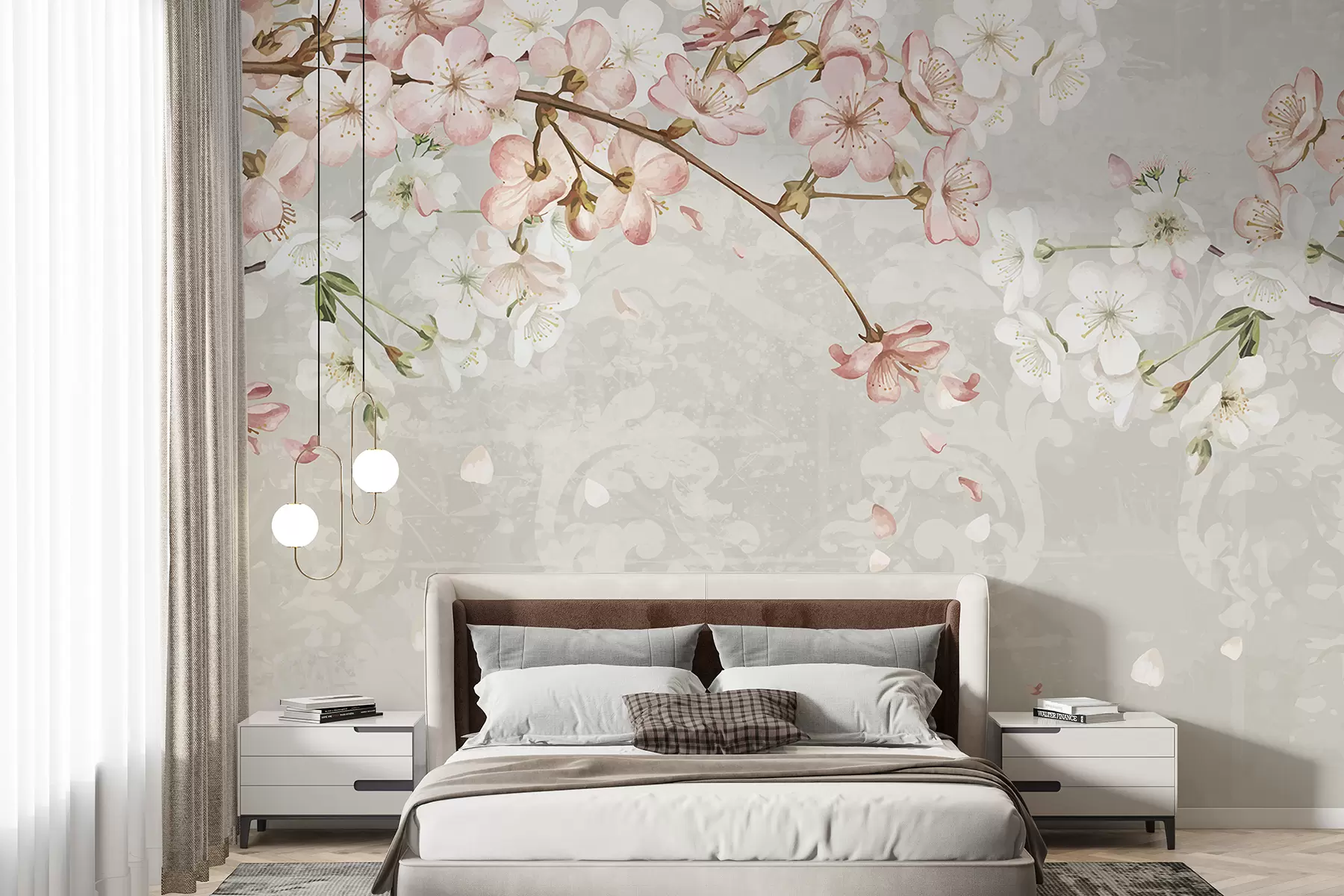 Fotobehang Roze en witte kersenbloesembloemen in volle bloei, met zachte bloemblaadjes tegen een beige achtergrond met textuur w08254v1