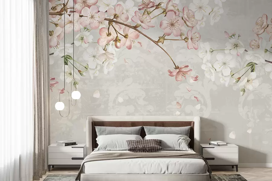 Fotobehang Roze en witte kersenbloesembloemen in volle bloei, met zachte bloemblaadjes tegen een beige achtergrond met textuur w08254v1