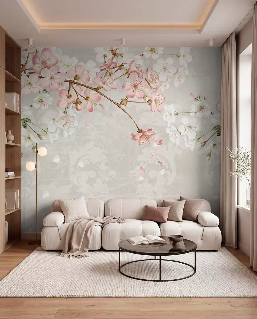 Fotobehang Roze en witte kersenbloesembloemen in volle bloei, met zachte bloemblaadjes tegen een beige achtergrond met textuur w08254v1