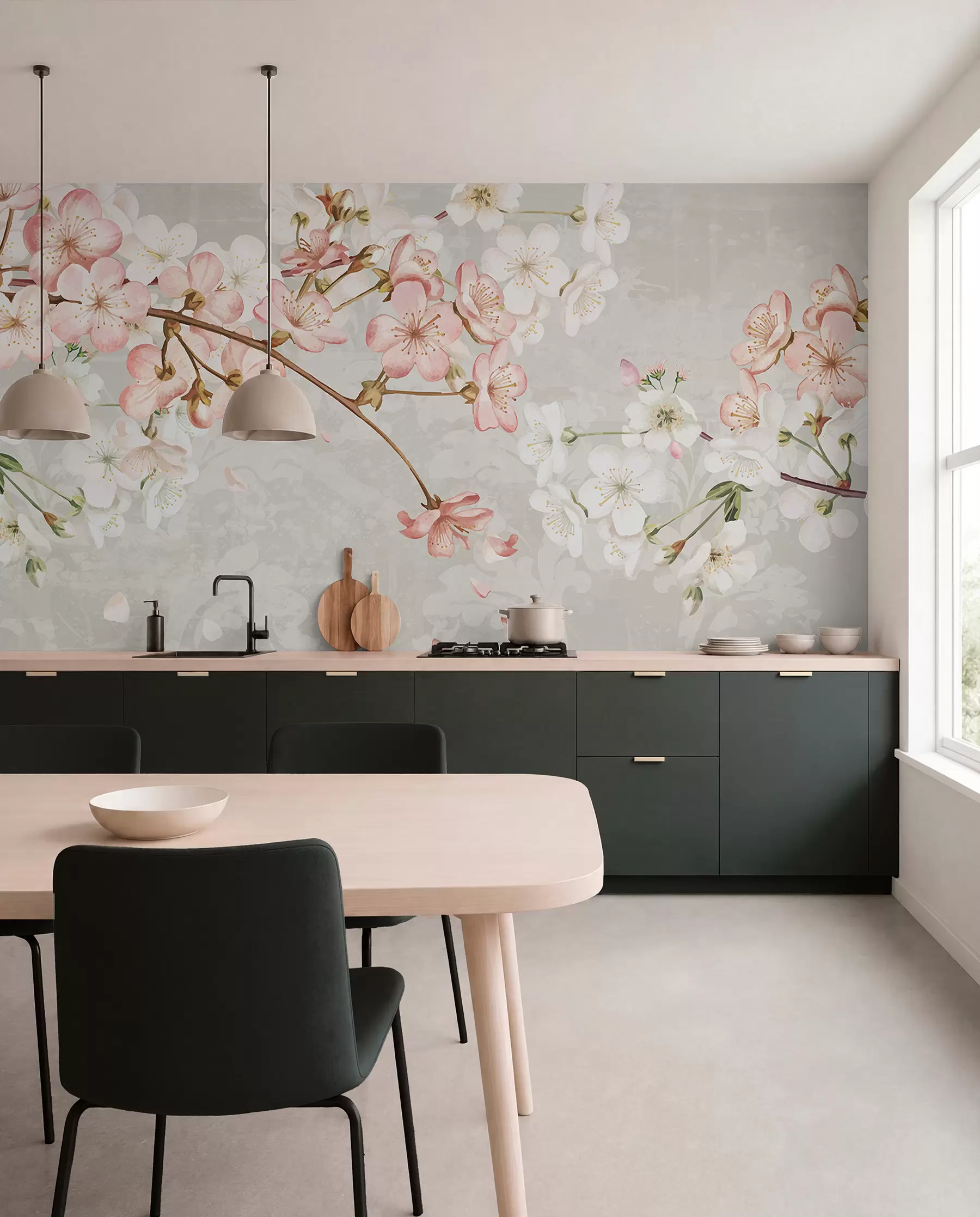 Fotobehang Roze en witte kersenbloesembloemen in volle bloei, met zachte bloemblaadjes tegen een beige achtergrond met textuur w08254v1