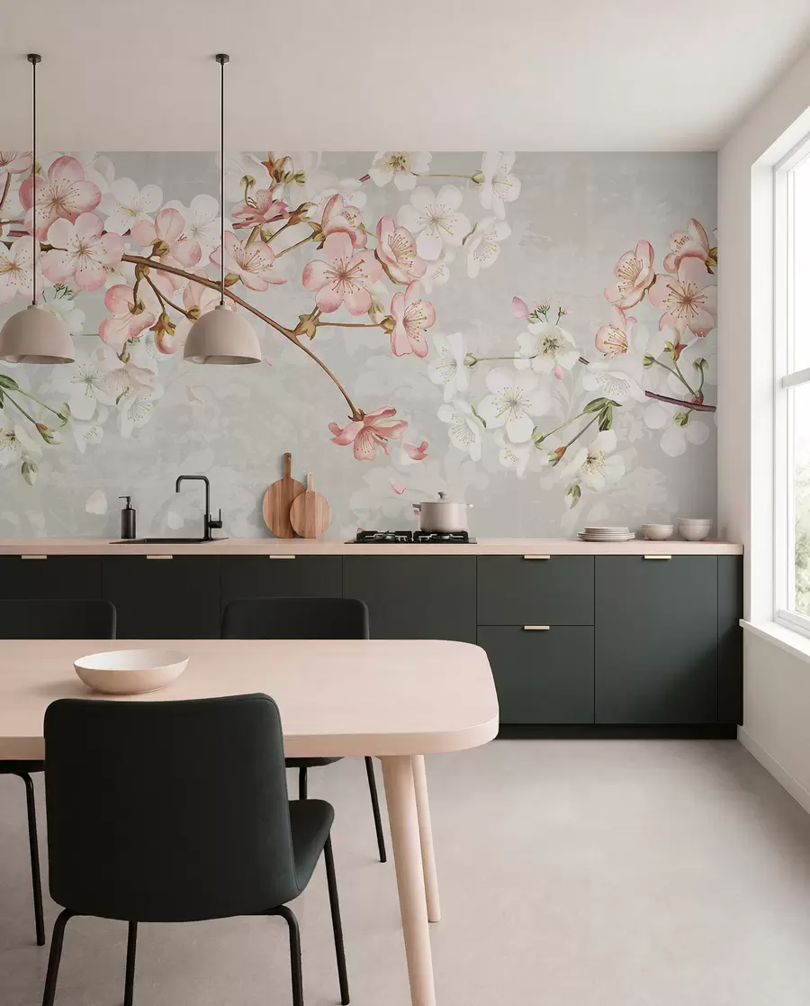 Fotobehang Roze en witte kersenbloesembloemen in volle bloei, met zachte bloemblaadjes tegen een beige achtergrond met textuur w08254v1