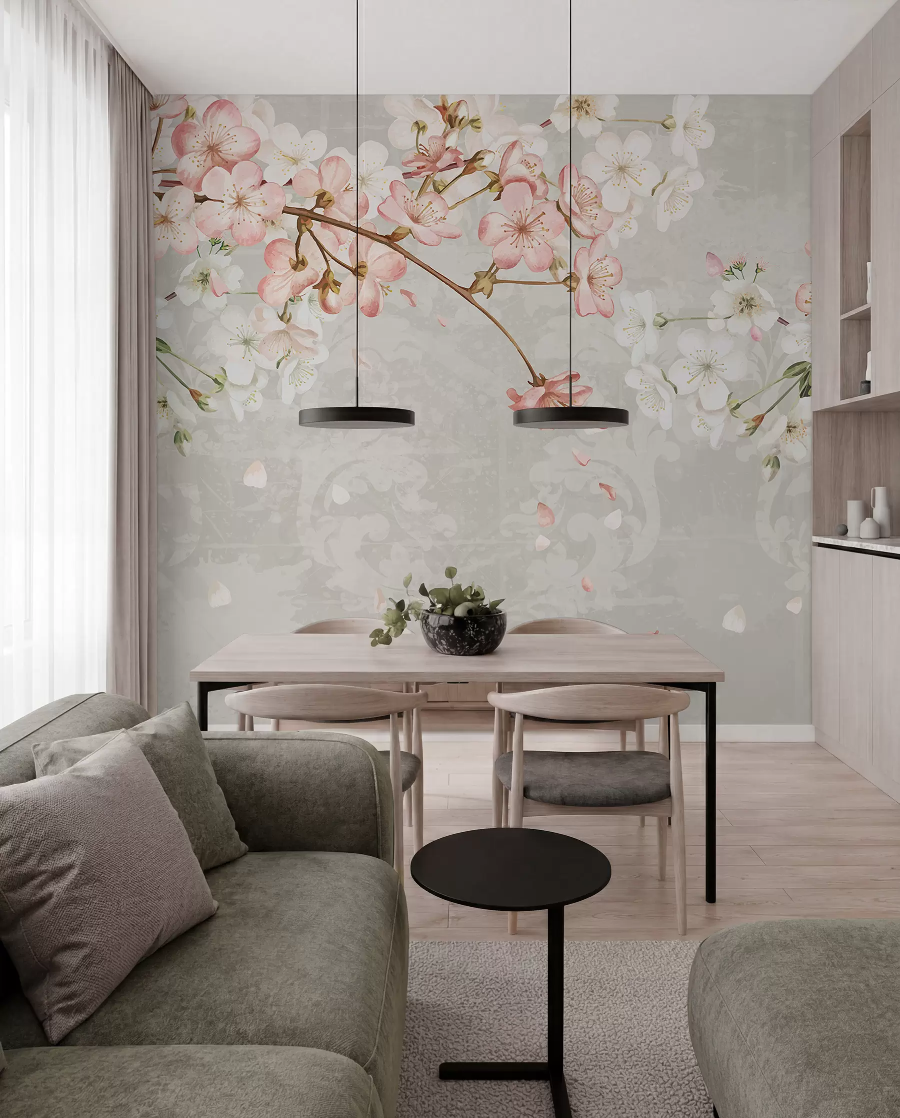Fotobehang Roze en witte kersenbloesembloemen in volle bloei, met zachte bloemblaadjes tegen een beige achtergrond met textuur w08254v1