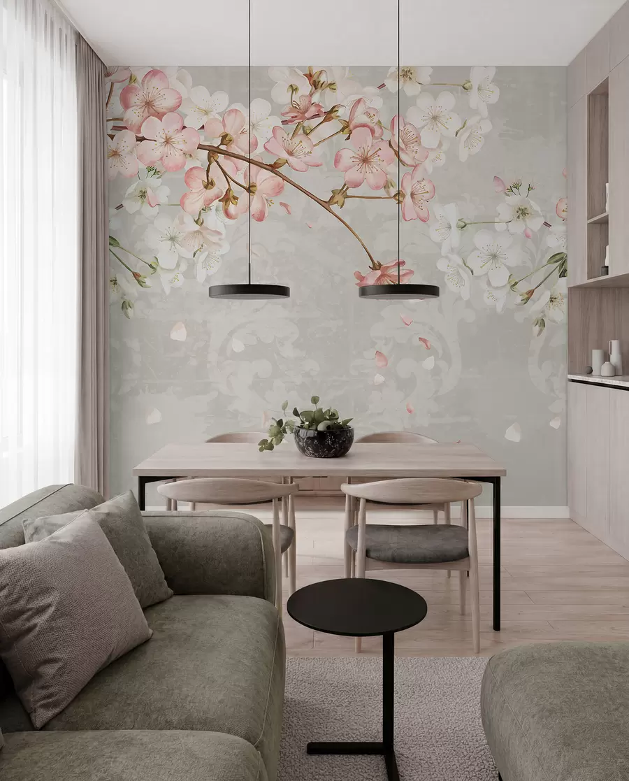 Fotobehang Roze en witte kersenbloesembloemen in volle bloei, met zachte bloemblaadjes tegen een beige achtergrond met textuur w08254v1