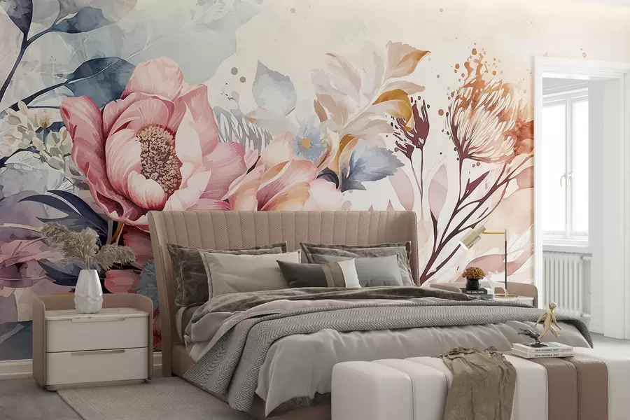 Fotobehang Grote roze en blauwe bloemen met fijne bloemblaadjes, omringd door kleinere bloemen tegen een aquarelachtergrond w08256