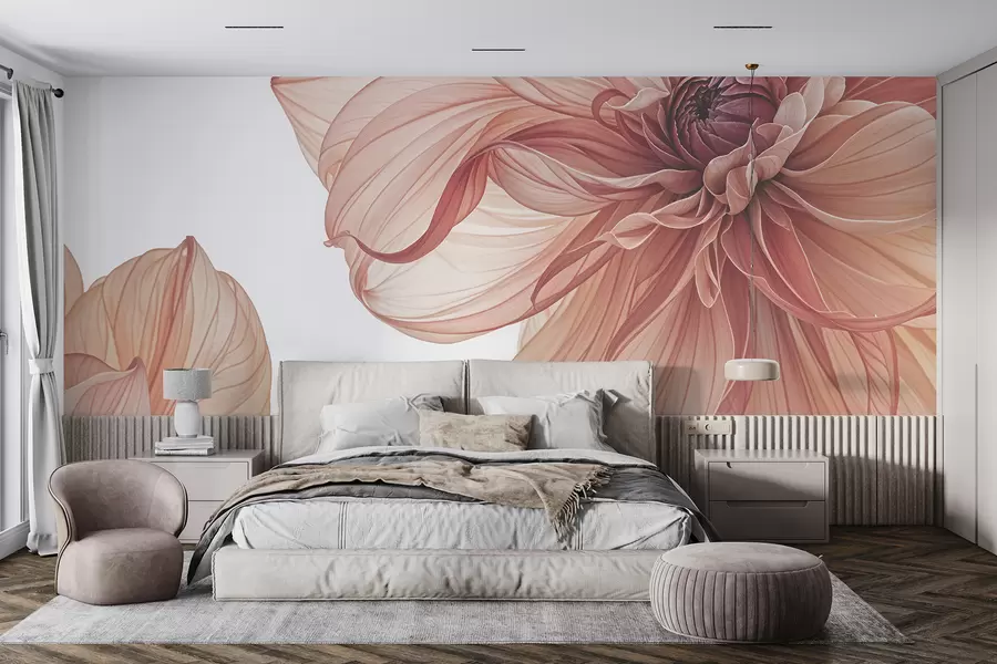 Fotobehang Een close-up van verschillende grote, levendige rode dahlia bloemen met zachte, delicate bloemblaadjes tegen een witte achtergrond w08257