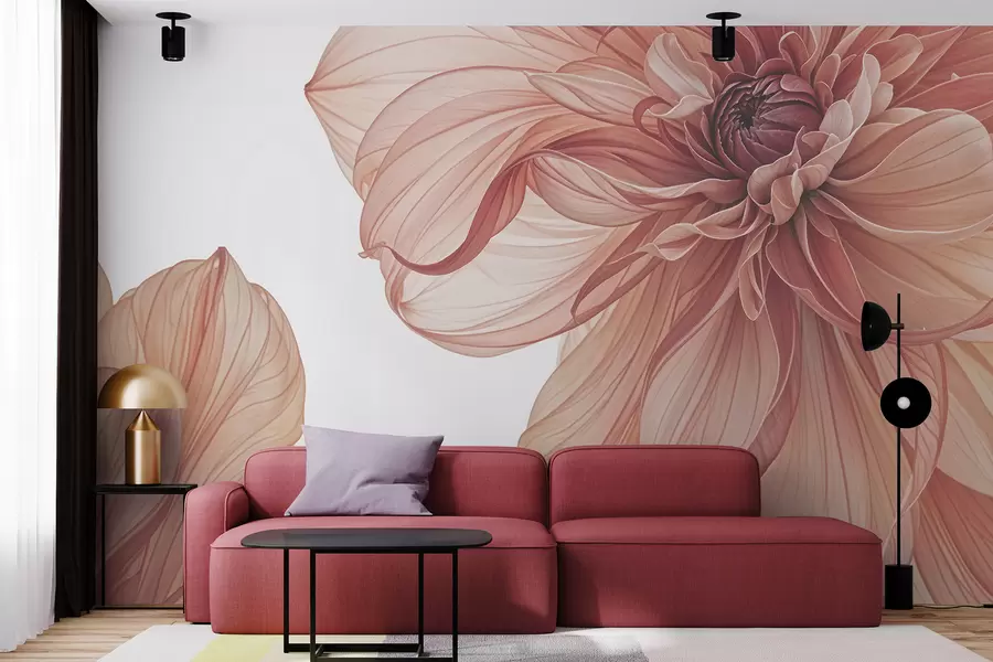 Fotobehang Een close-up van verschillende grote, levendige rode dahlia bloemen met zachte, delicate bloemblaadjes tegen een witte achtergrond w08257