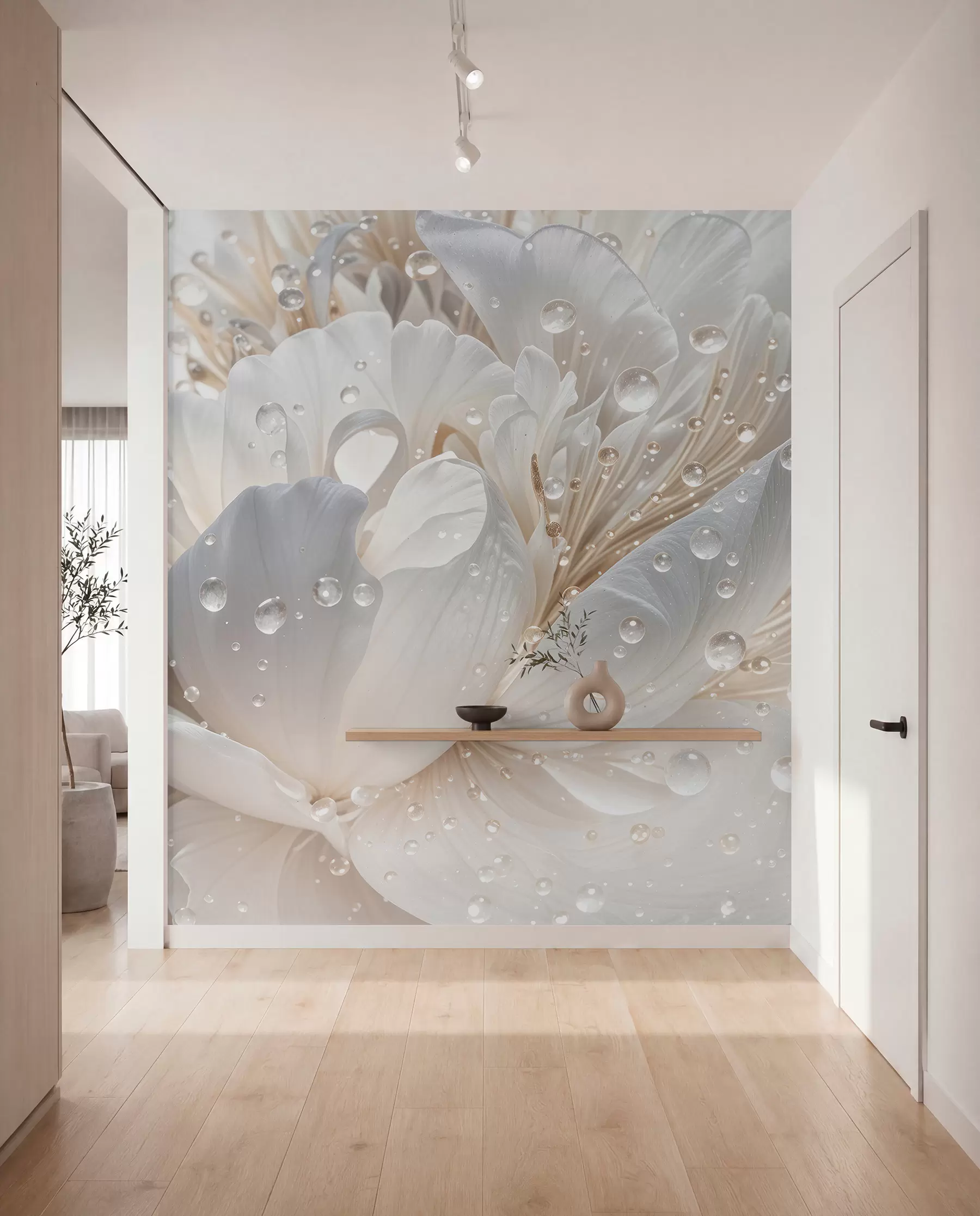Fotobehang Een close-up van een witte pioenbloem met fijne bloemblaadjes en waterdruppels w08262