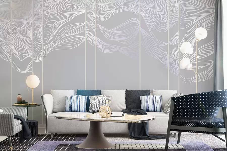 Fotobehang Vloeiende witte abstracte lijngolven tegen een lichtgrijze achtergrond w08263v1