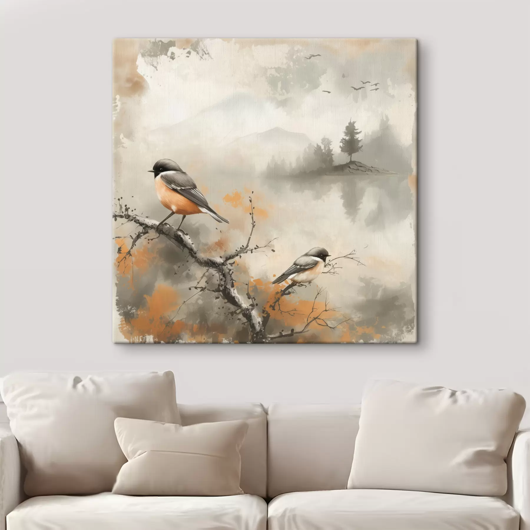 Fotobehang Aquarel landschap met vogels zittend op een tak in pastelkleuren s40655