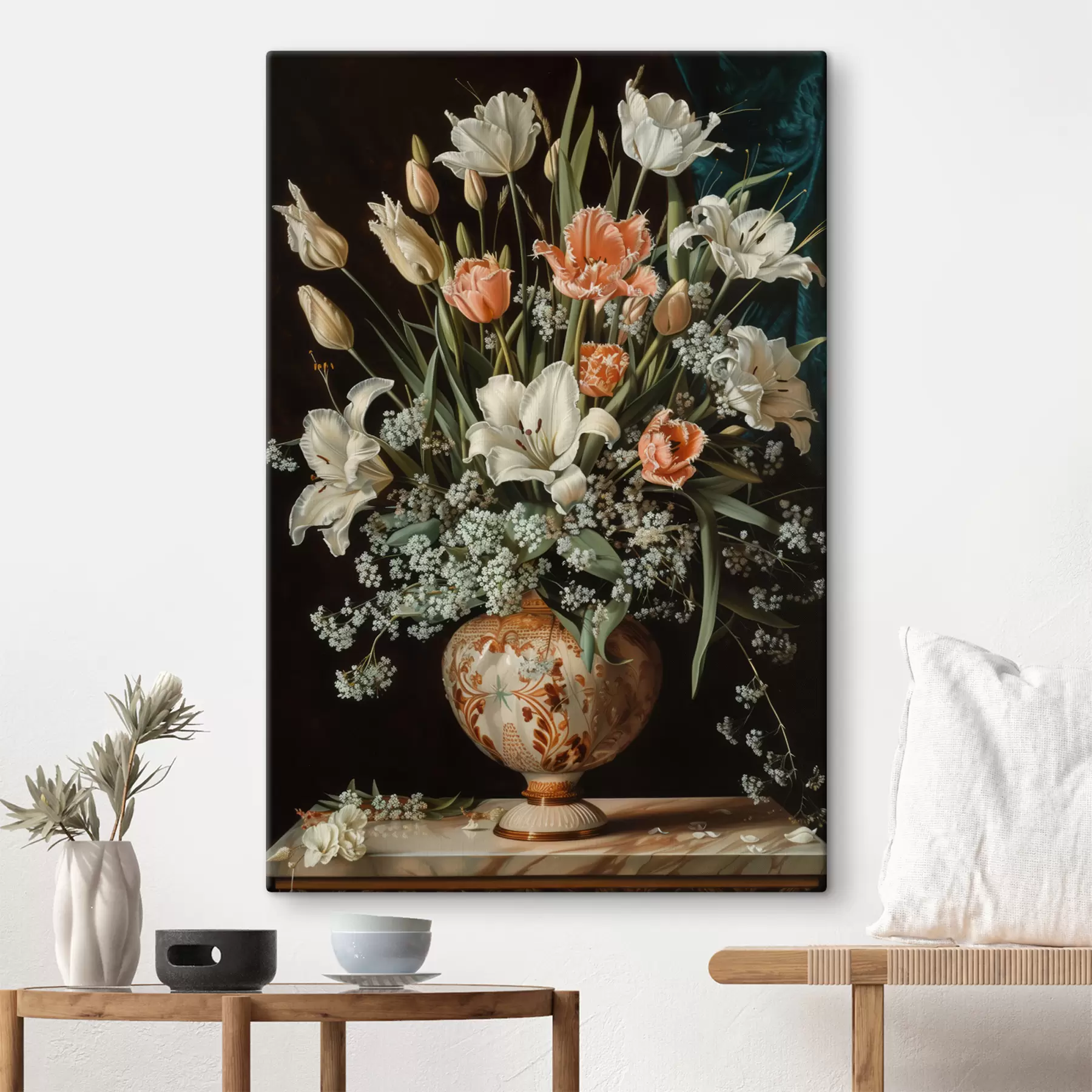 Fotobehang Een extravagant barok stilleven met een vaas overladen met tulpen, anjers en hyacinten, imitatie van een olieverfschilderij s40658