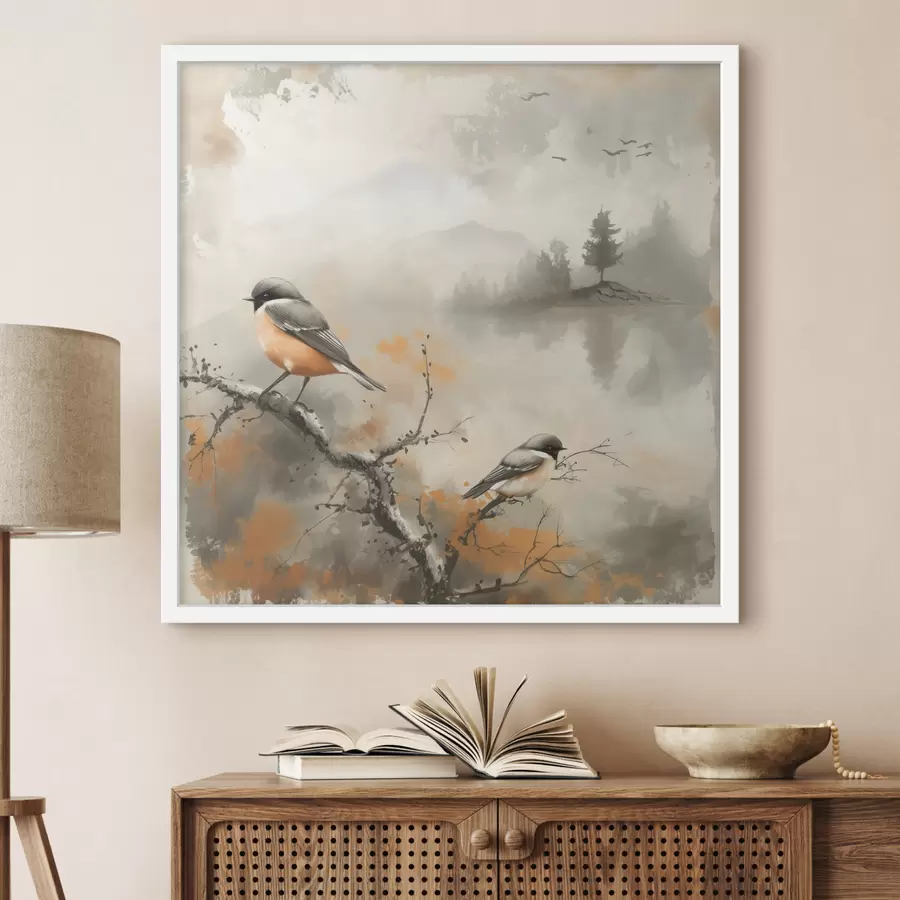 Fotobehang Aquarel landschap met vogels zittend op een tak in pastelkleuren f40655