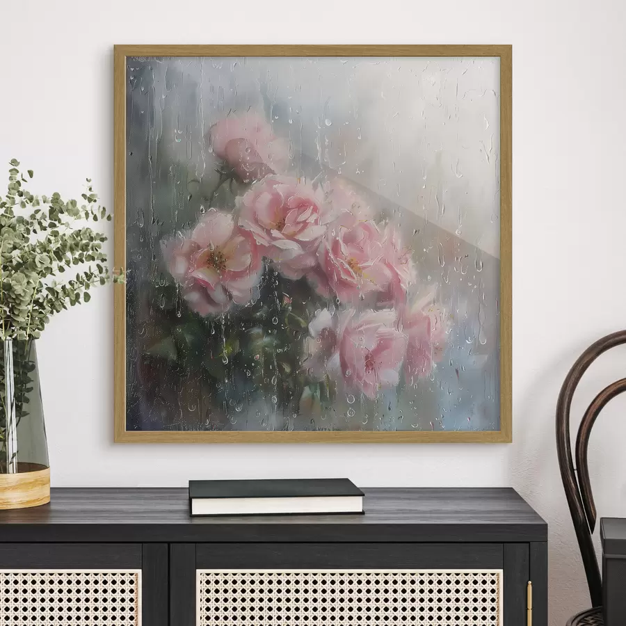 Fotobehang Een boeket roze rozen voor het raam bij regenachtig weer f40656