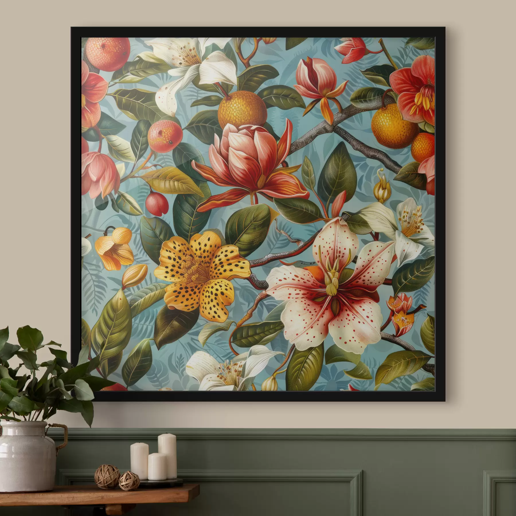 Fotobehang Tropische compositie met divers groen en tropische bloemen op een blauwe achtergrond f40665