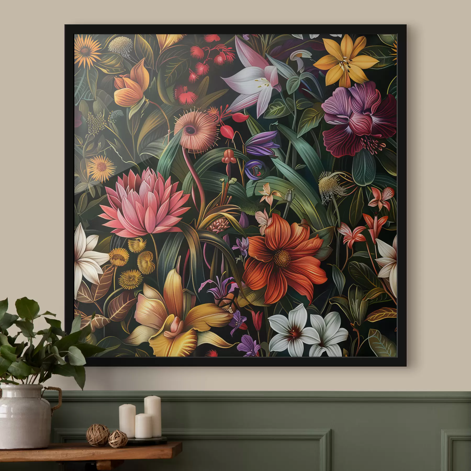 Fotobehang Tropische compositie met divers groen en tropische bloemen f40667