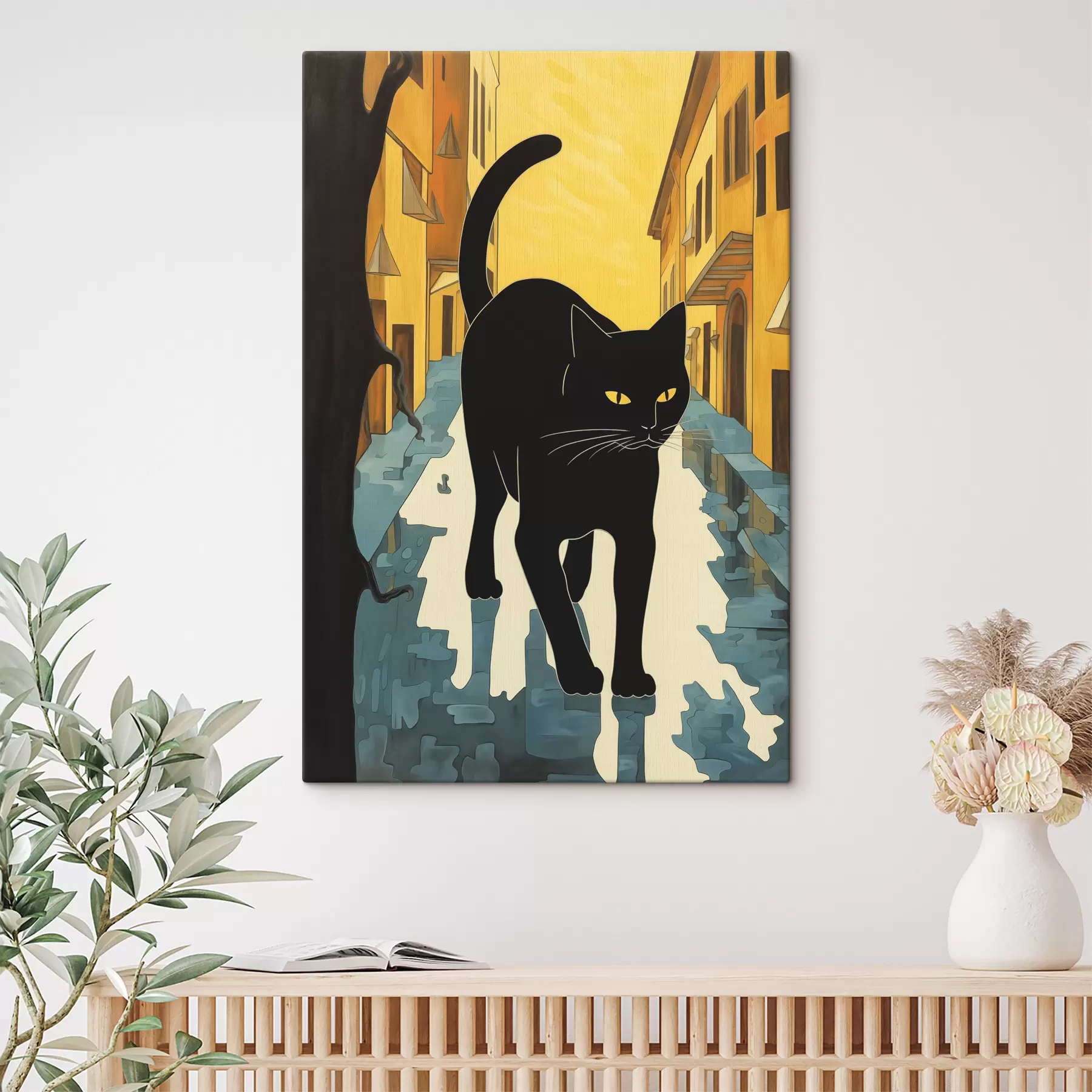 Fotobehang Zwarte kat die door de straat loopt illustratie in stripstijl s40758