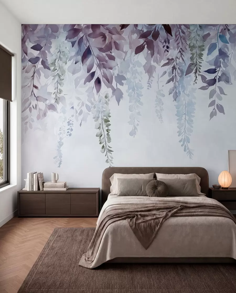 Fotobehang Wisteria bloem ornament, bloemig, aquarel, blauwe en paarse kleuren w01545v1