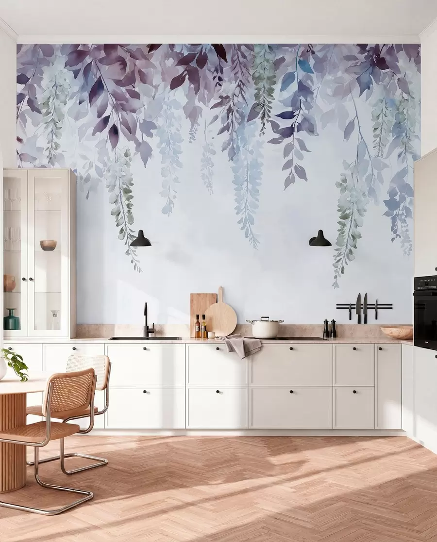 Fotobehang Wisteria bloem ornament, bloemig, aquarel, blauwe en paarse kleuren w01545v1