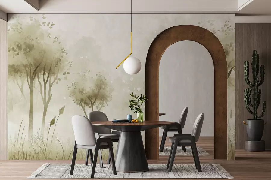 Fotobehang Aquarel bos met gras en bomen, groene kleur w01546v1