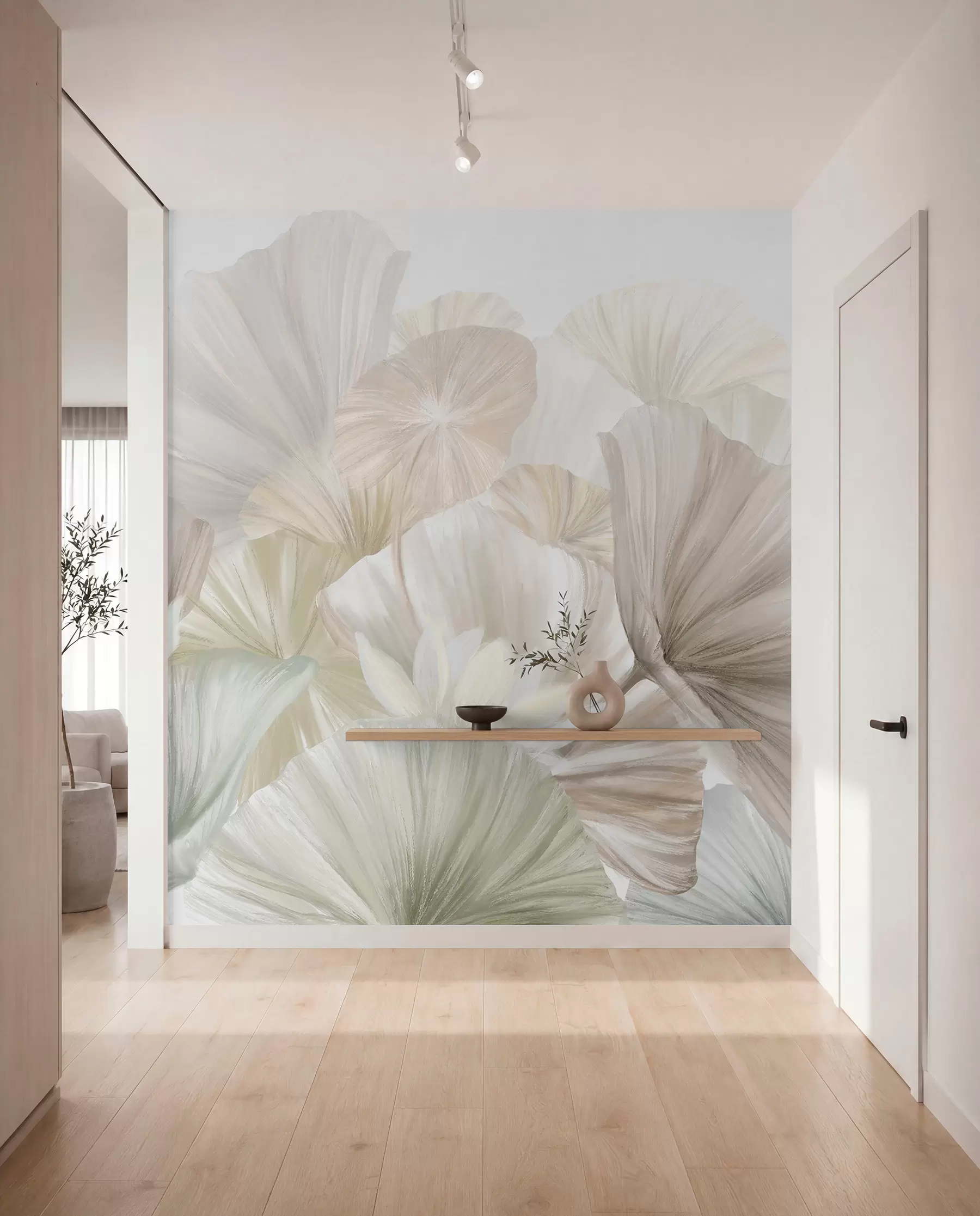 Fotobehang Delicate groene lotusbladeren met witte bloemen met zachte, vederlichte bloemblaadjes gerangschikt in een natuurlijke kunstcompositie w08265