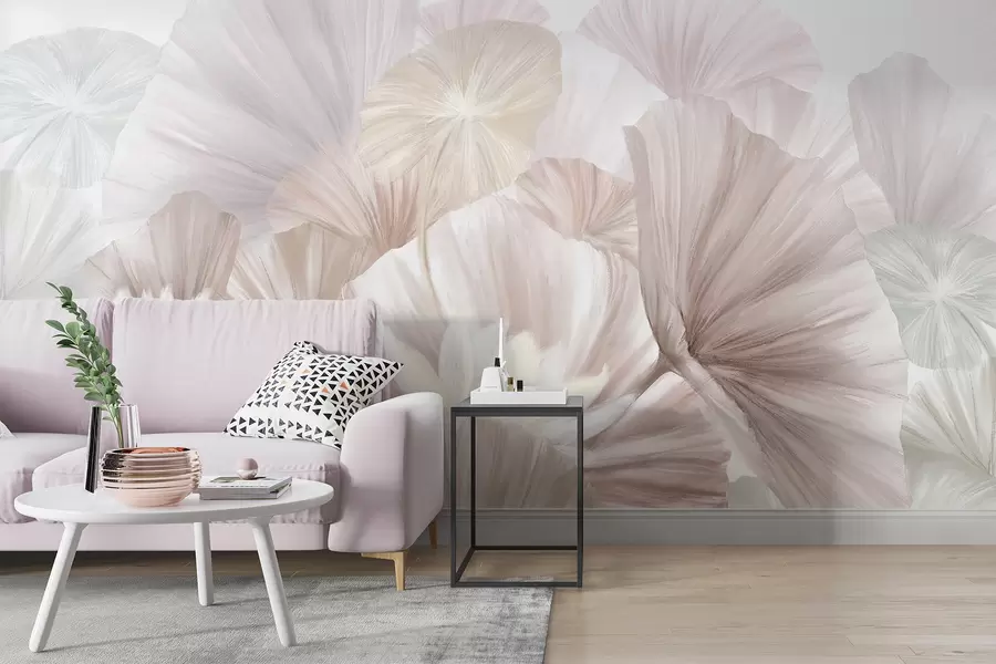 Fotobehang Delicate roze lotusblaadjes met witte bloemen met zachte, vederlichte bloemblaadjes, gerangschikt in een natuurlijke kunstcompositie w08265v1