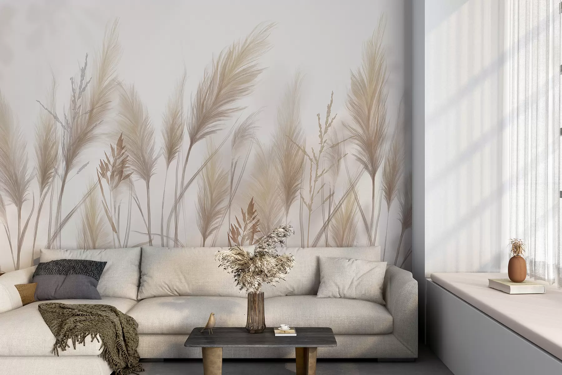 Fotobehang Hoge beige grassprieten wiegen in de wind tegen een zachte, lichte achtergrond w08268
