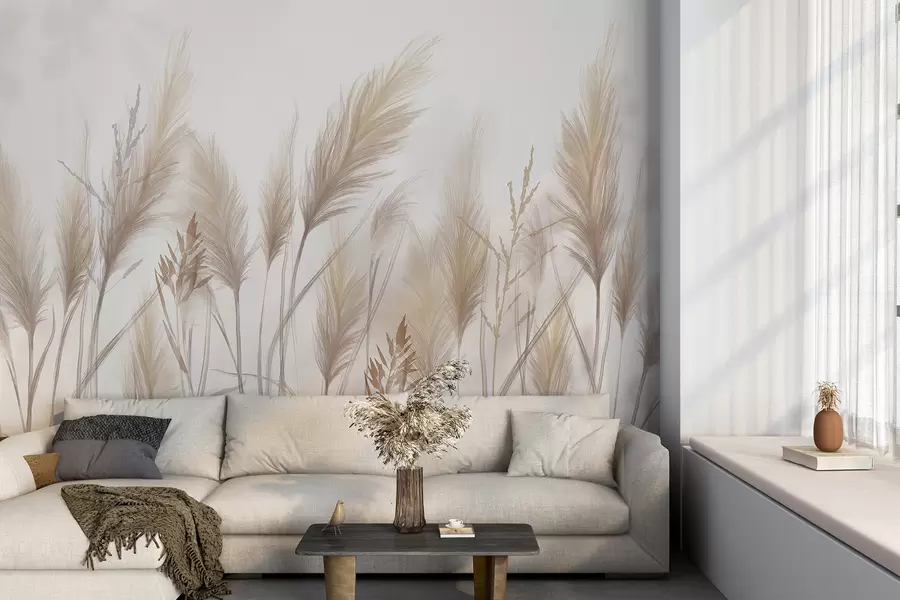 Fotobehang Hoge beige grassprieten wiegen in de wind tegen een zachte, lichte achtergrond w08268