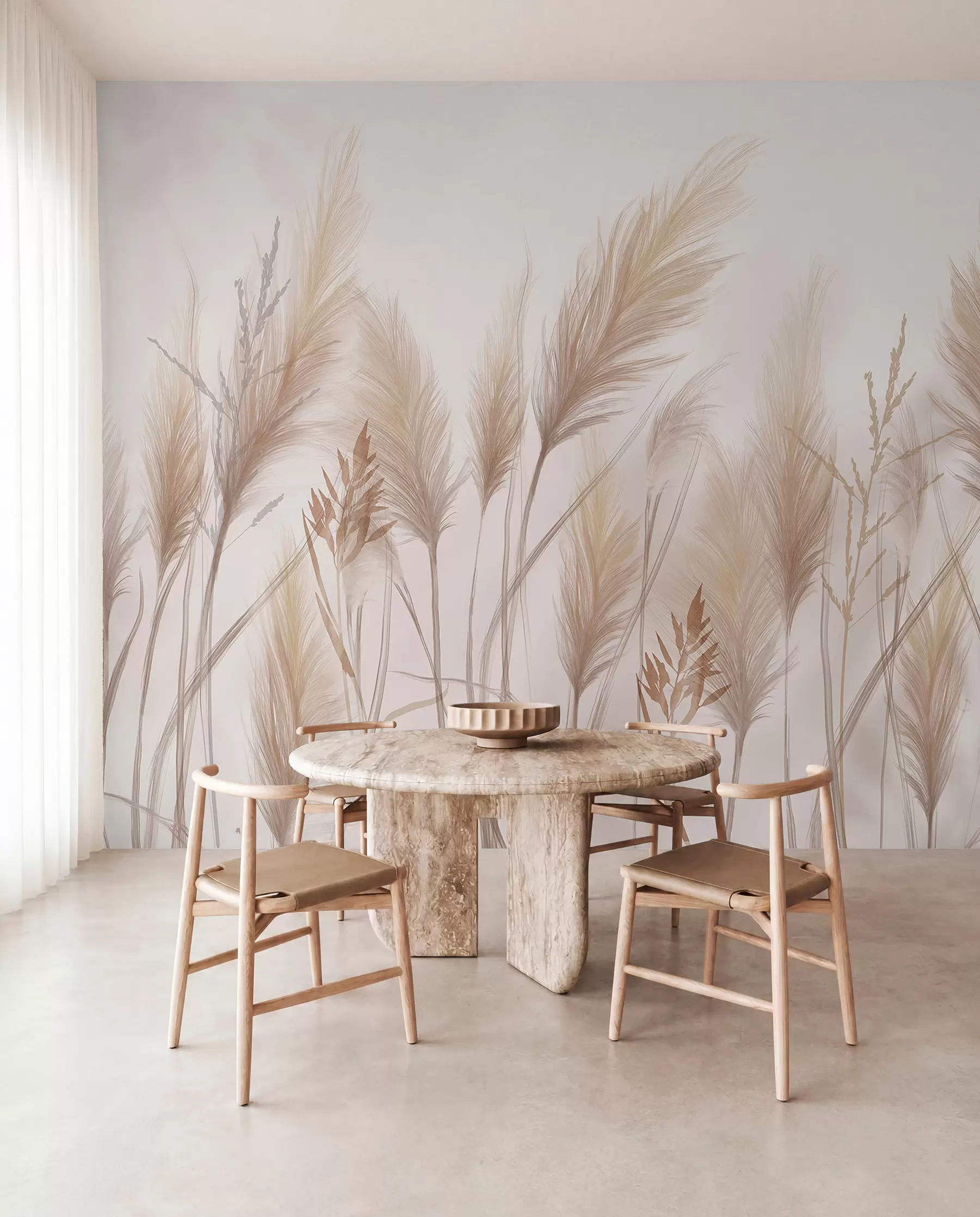 Fotobehang Hoge beige grassprieten wiegen in de wind tegen een zachte, lichte achtergrond w08268