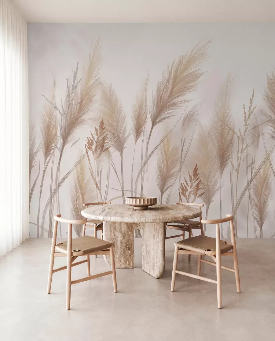 Fotobehang Hoge beige grassprieten wiegen in de wind tegen een zachte, lichte achtergrond w08268