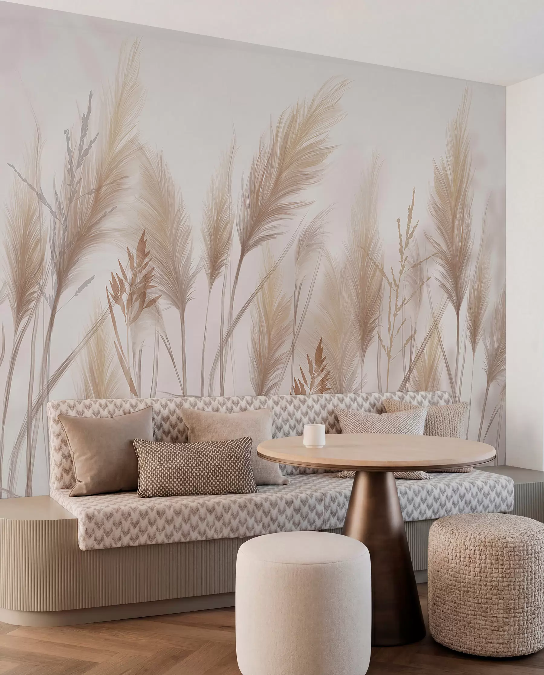 Fotobehang Hoge beige grassprieten wiegen in de wind tegen een zachte, lichte achtergrond w08268