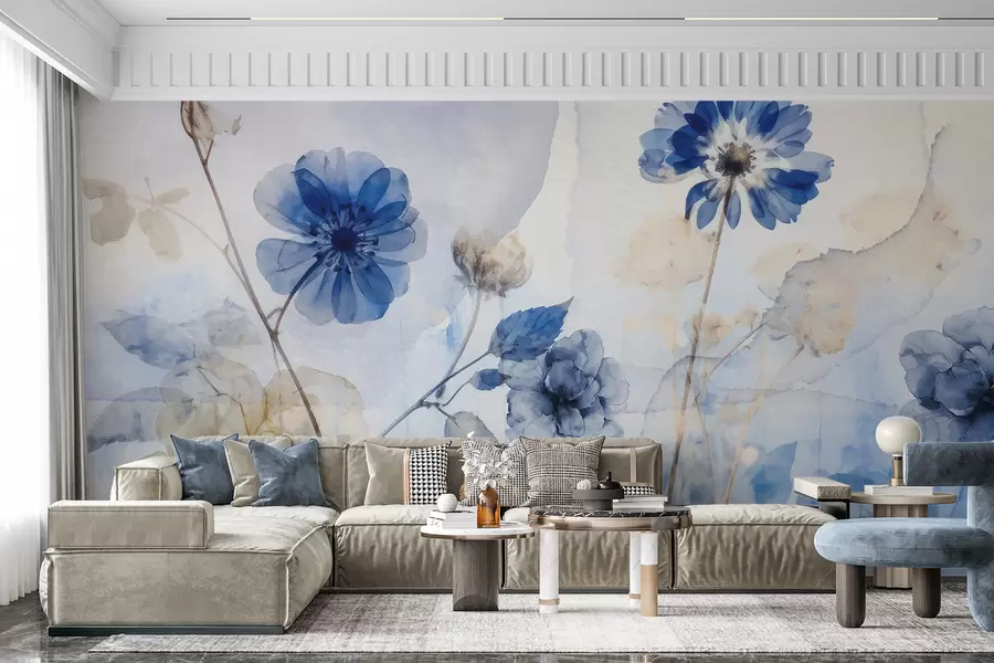 Fotobehang Blauwe en witte aquarel transparante bloemen in een veld, met zachte, onscherpe abstracte achtergrond w08270