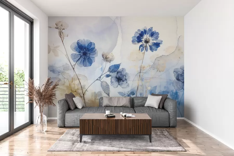 Fotobehang Blauwe en witte aquarel transparante bloemen in een veld, met zachte, onscherpe abstracte achtergrond w08270