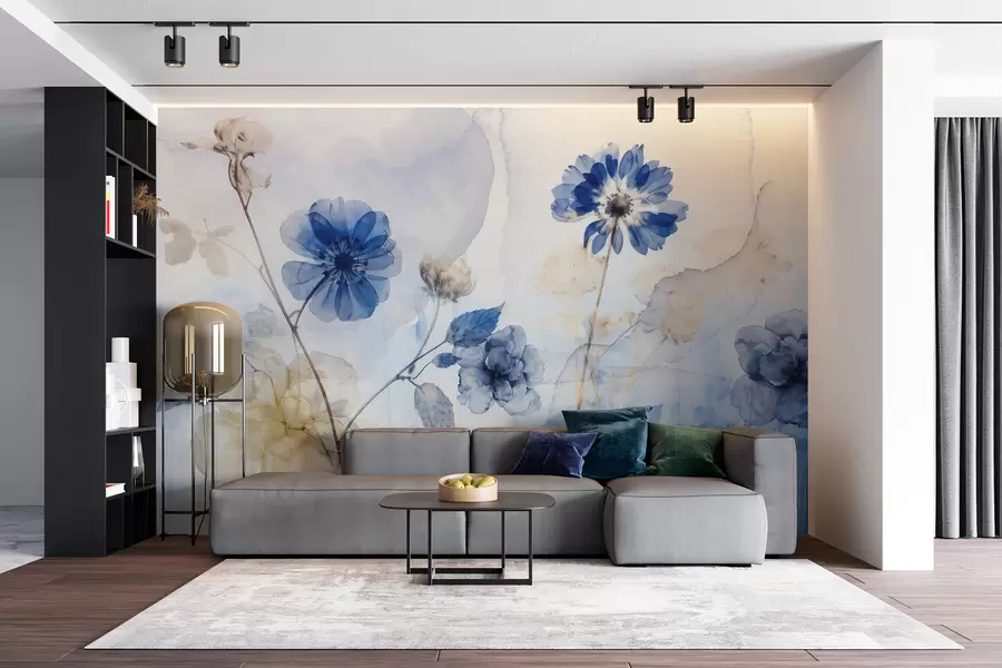 Fotobehang Blauwe en witte aquarel transparante bloemen in een veld, met zachte, onscherpe abstracte achtergrond w08270