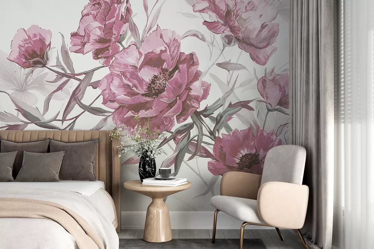 Fotobehang Roze pioenrozen schilderij met weelderig gebladerte tegen een lichte abstracte achtergrond  w08274