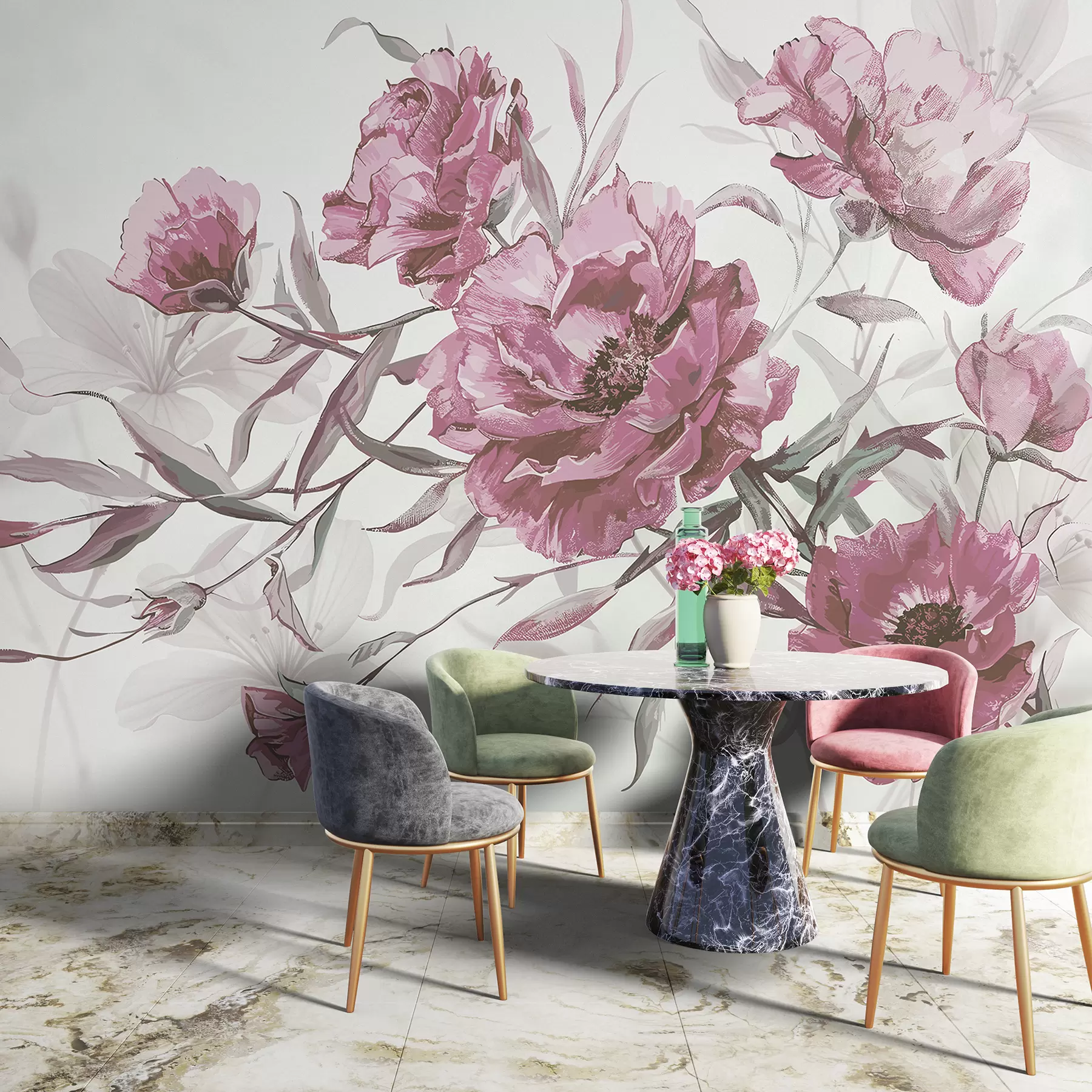 Fotobehang Roze pioenrozen schilderij met weelderig gebladerte tegen een lichte abstracte achtergrond  w08274