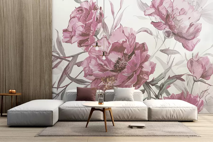 Fotobehang Roze pioenrozen schilderij met weelderig gebladerte tegen een lichte abstracte achtergrond  w08274