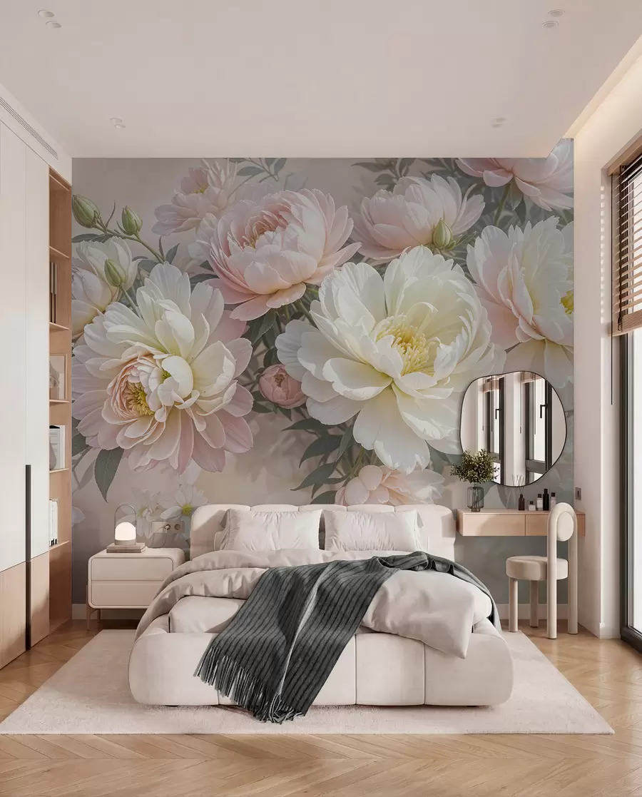 Fotobehang Een boeket weelderige, pastelkleurige pioenrozen en andere bloemen tegen een zachte, onscherpe achtergrond  w08276