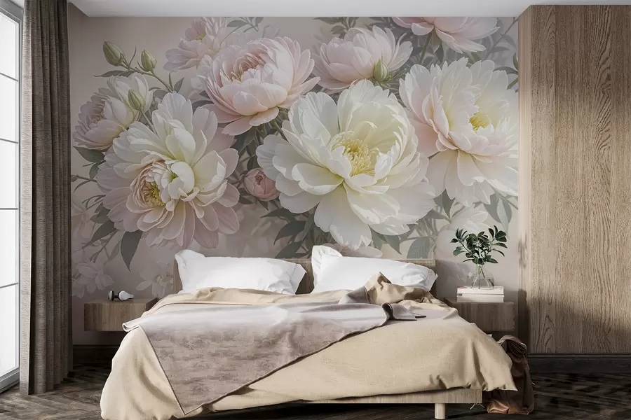 Fotobehang Een boeket weelderige, pastelkleurige pioenrozen en andere bloemen tegen een zachte, onscherpe achtergrond  w08276